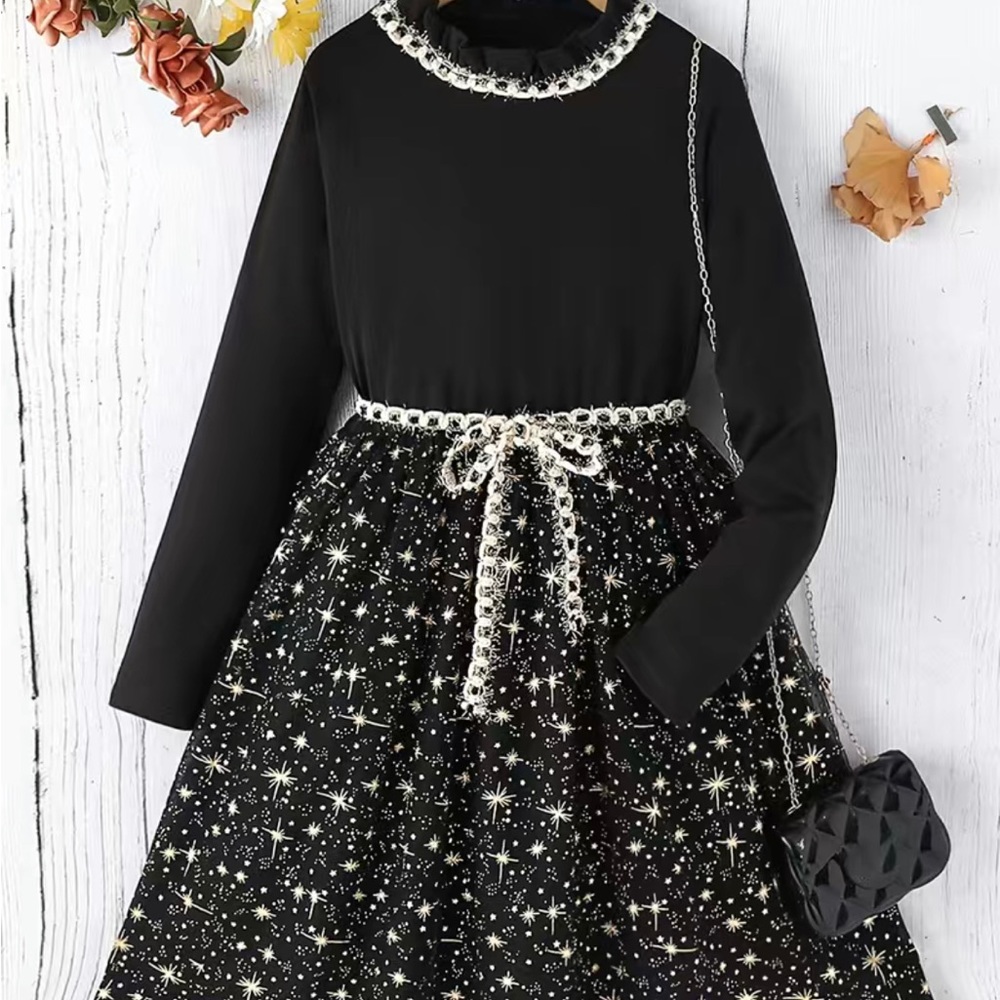Girls Dress Girls Long Sleeve Mesh Hem Dress With Star Print Kids Clothes/black